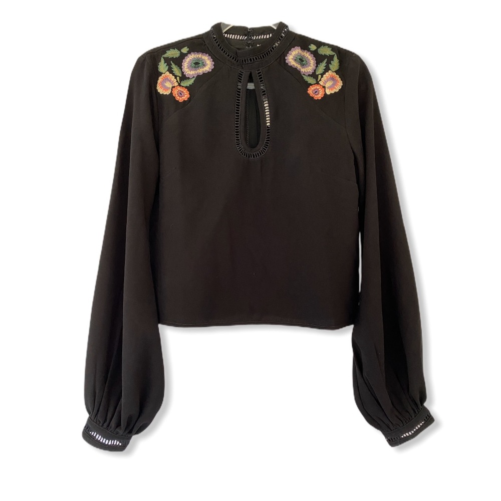 Tularosa Black Blouse with Floral Embroidery